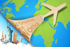 illustration of airplane flying in travel background with monume