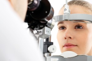 The patient during an eye examination at the eye clinic